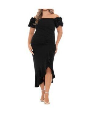 Xscape Black Ruffle Off the Shoulder High Low Hem Formal Evening Dress Size 22